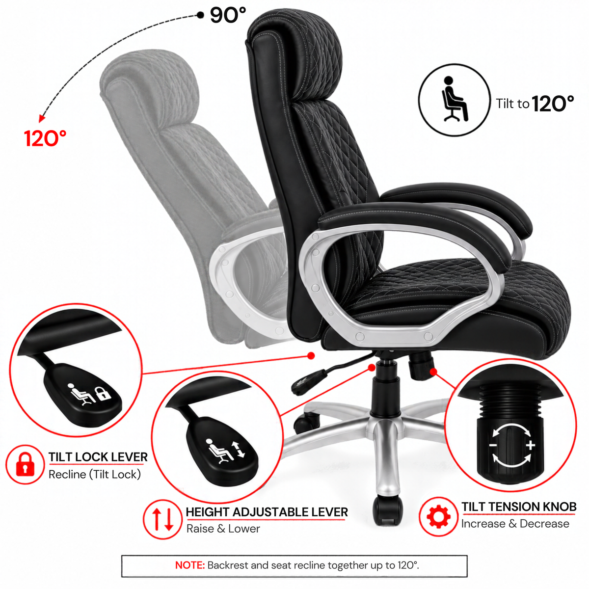 Luxury Executive Office Chair with Diamond Quilted High Backrest, Padded Headrest, Cushioned Armrests, Adjustable Height & Chrome Swivel Base