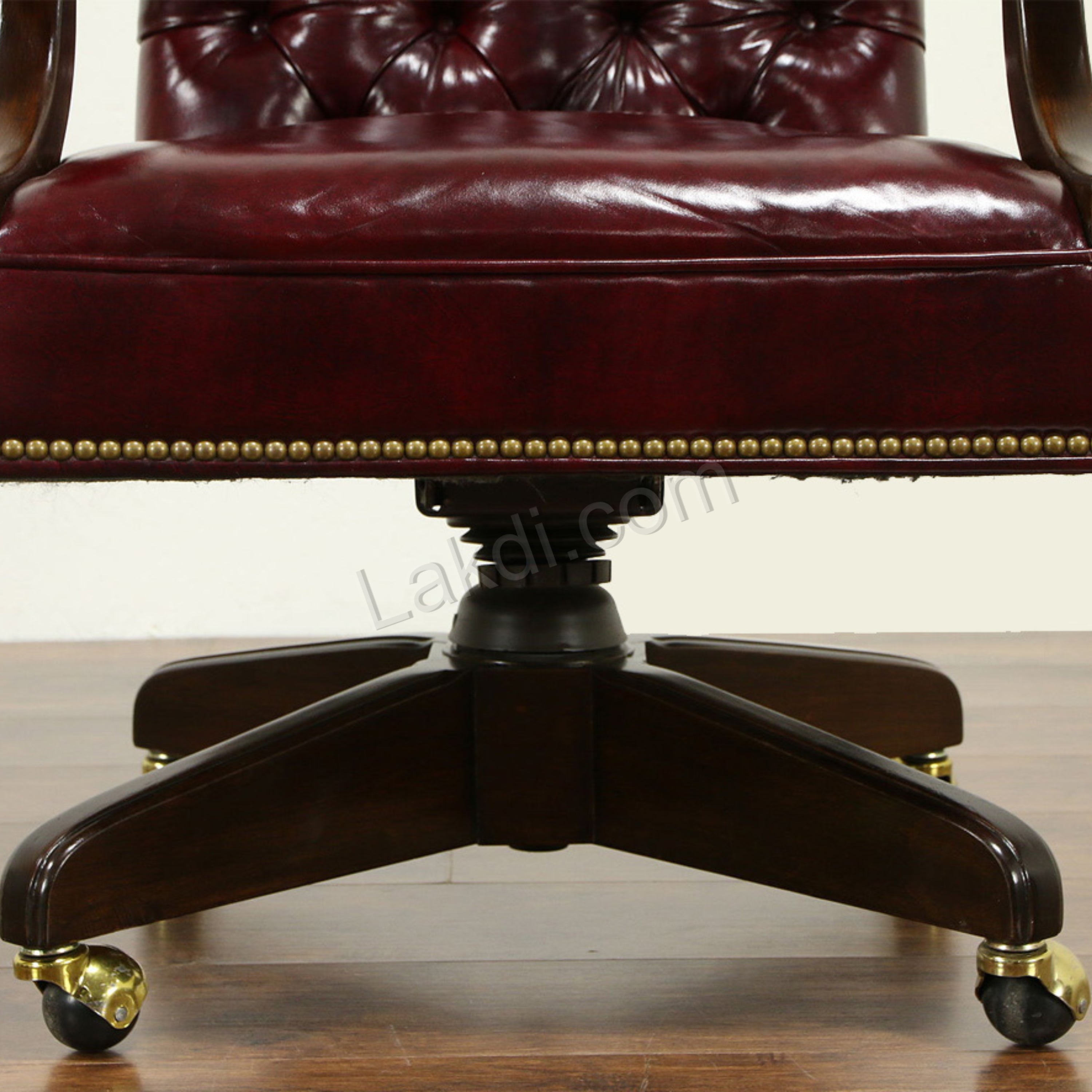 Luxury Office Director Chair Tufted Design Made in Solid wood with Leatherette and Soft Padded - Armrest and Swivel Base and Polish- Dark-Red Cherry
