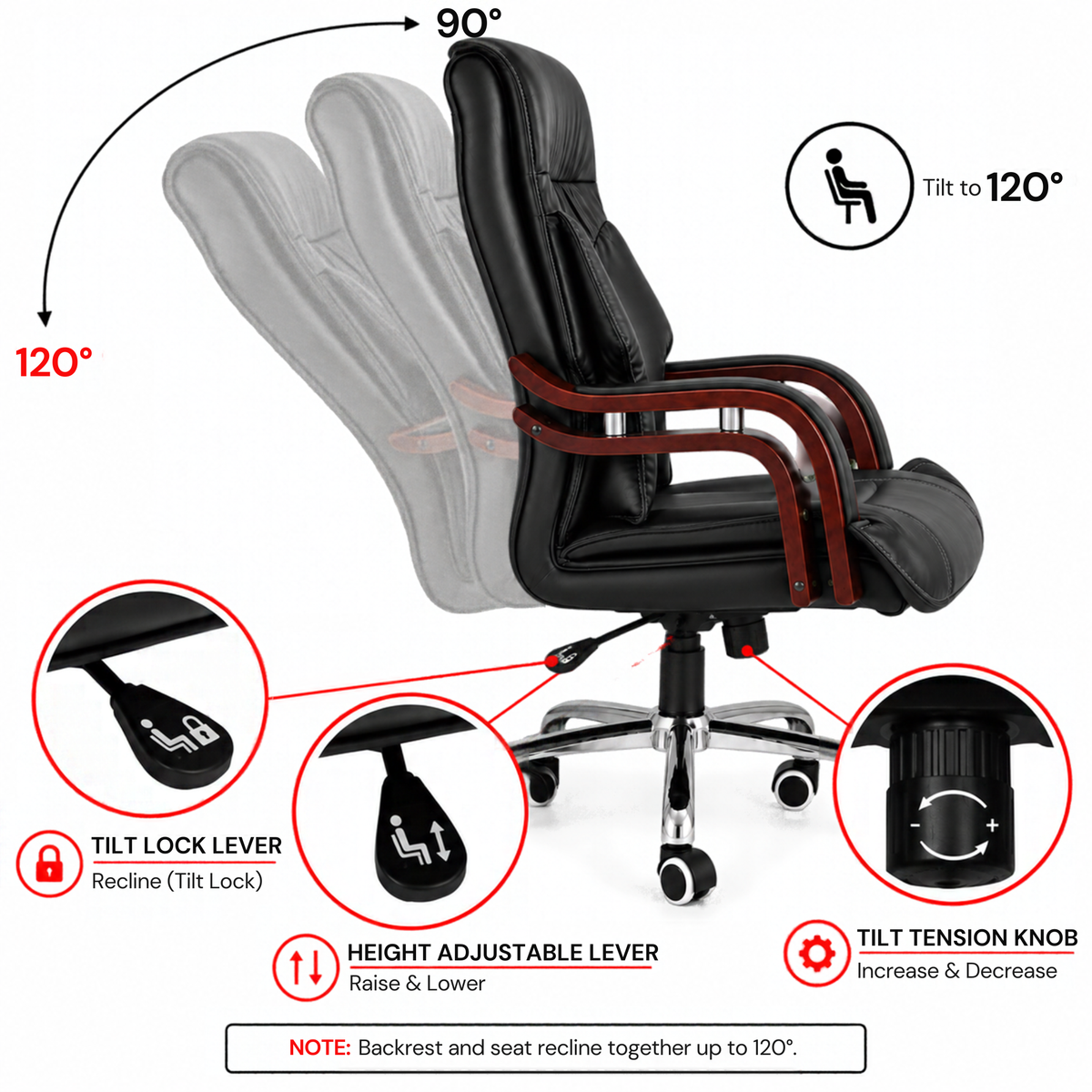 Luxury Boss Chair with High Back Leatherette Design and Stylish Chrome Base and Wooden Handle