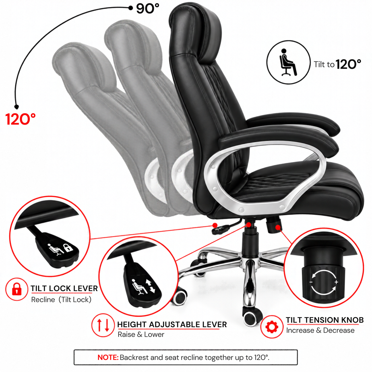 Modern Director Office Chair, Leatherette Upholstery with High Back and Powder-Coated Chrome Base