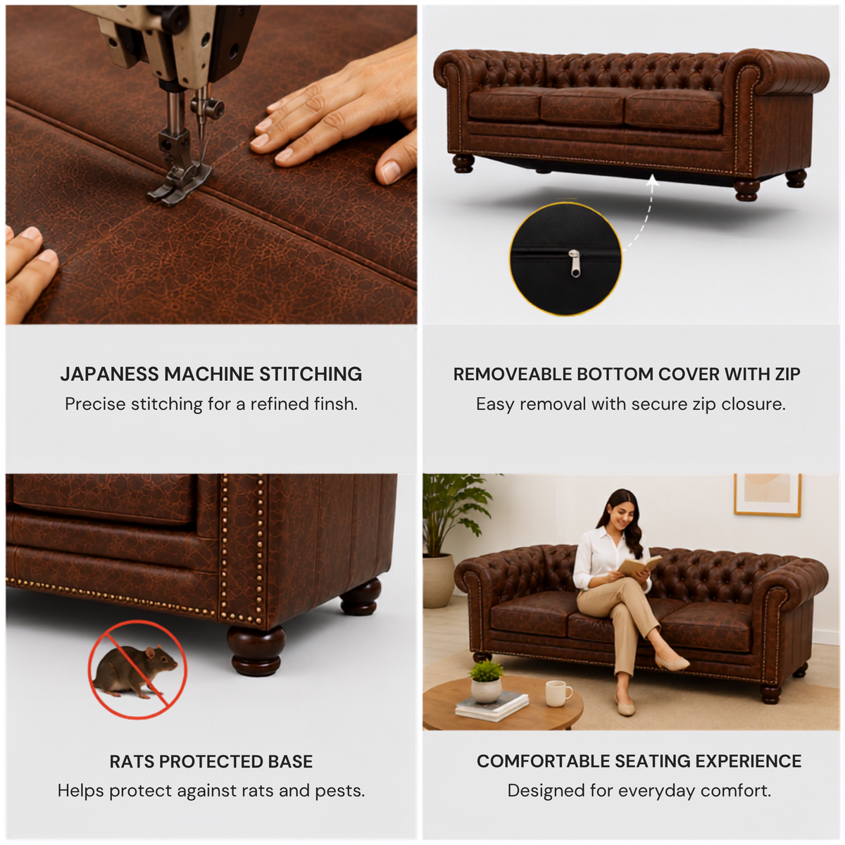 3 Seater chesterfield sofa Modern Design and Leatherette fabric Durable and Comfortable Padded Perfect for living Room, Office -Brown