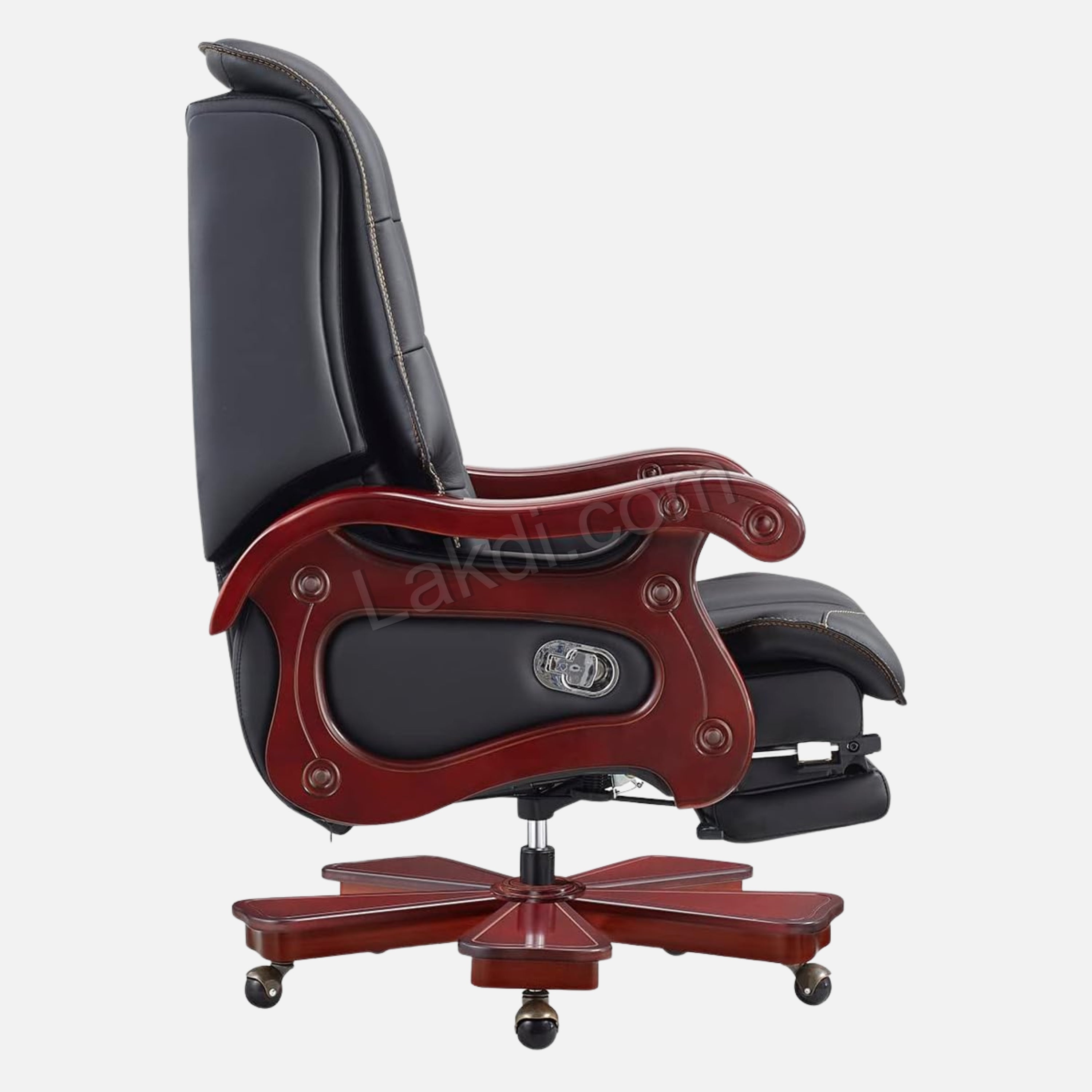 High Back Director Chair for office Made in Solid wood with Leatherette Upholstery & Recliner and Foot rest with Wheelbase & Revolving Chair