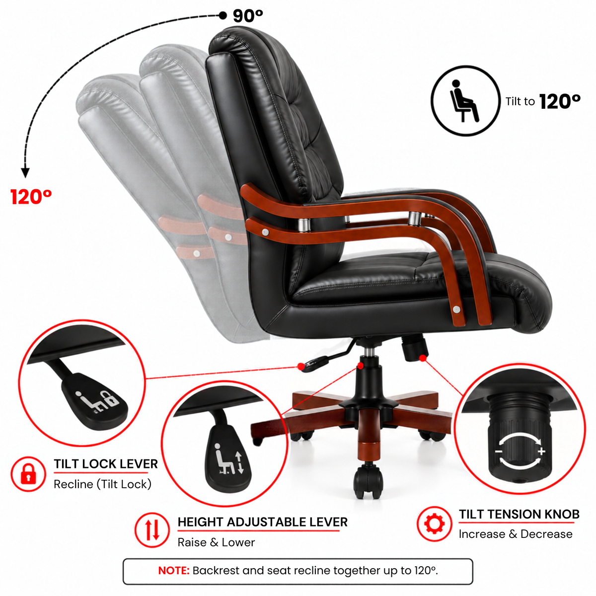 High Back Director Chair for office Made in Plyboard with Leatherette Upholstery & Armrest with wooden WheelBase & Revolving Chair -black