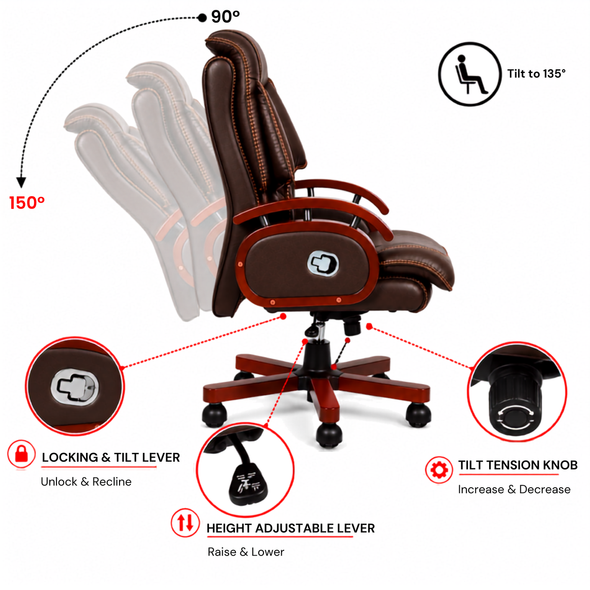High Back Leatherette and Pure Leather Wooden Director Office Chair with Wooden Base and Handle, Wooden chair