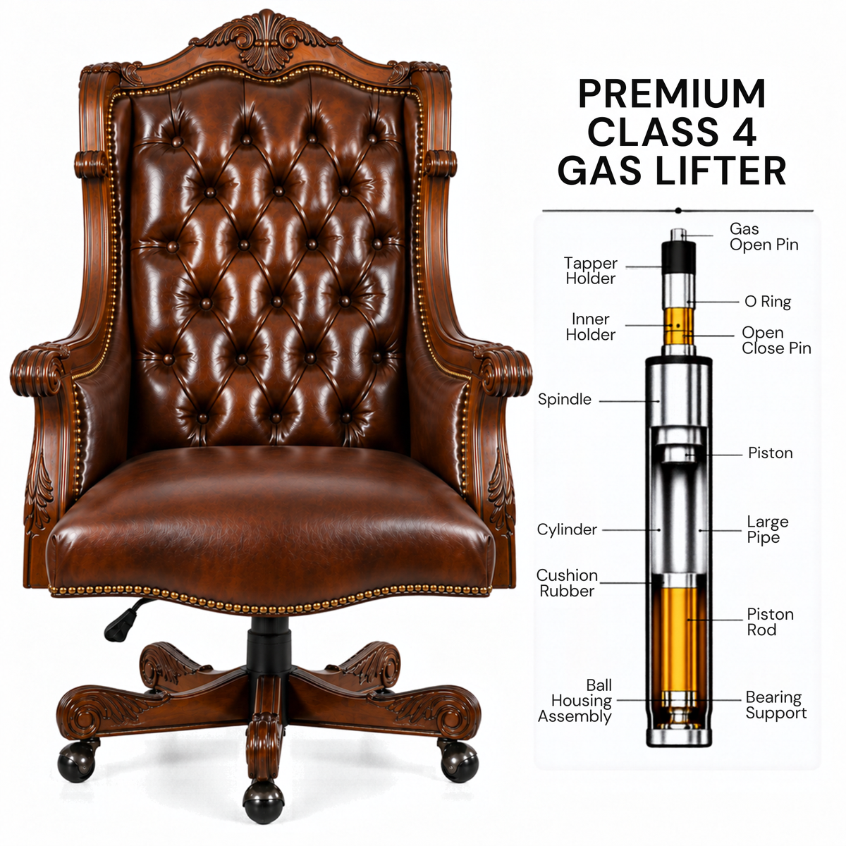 Luxury Design Boss and Director High-Back Leatherette Office Chair Swivel, Adjustable Height, Fixed Armrest, and for Wooden Base