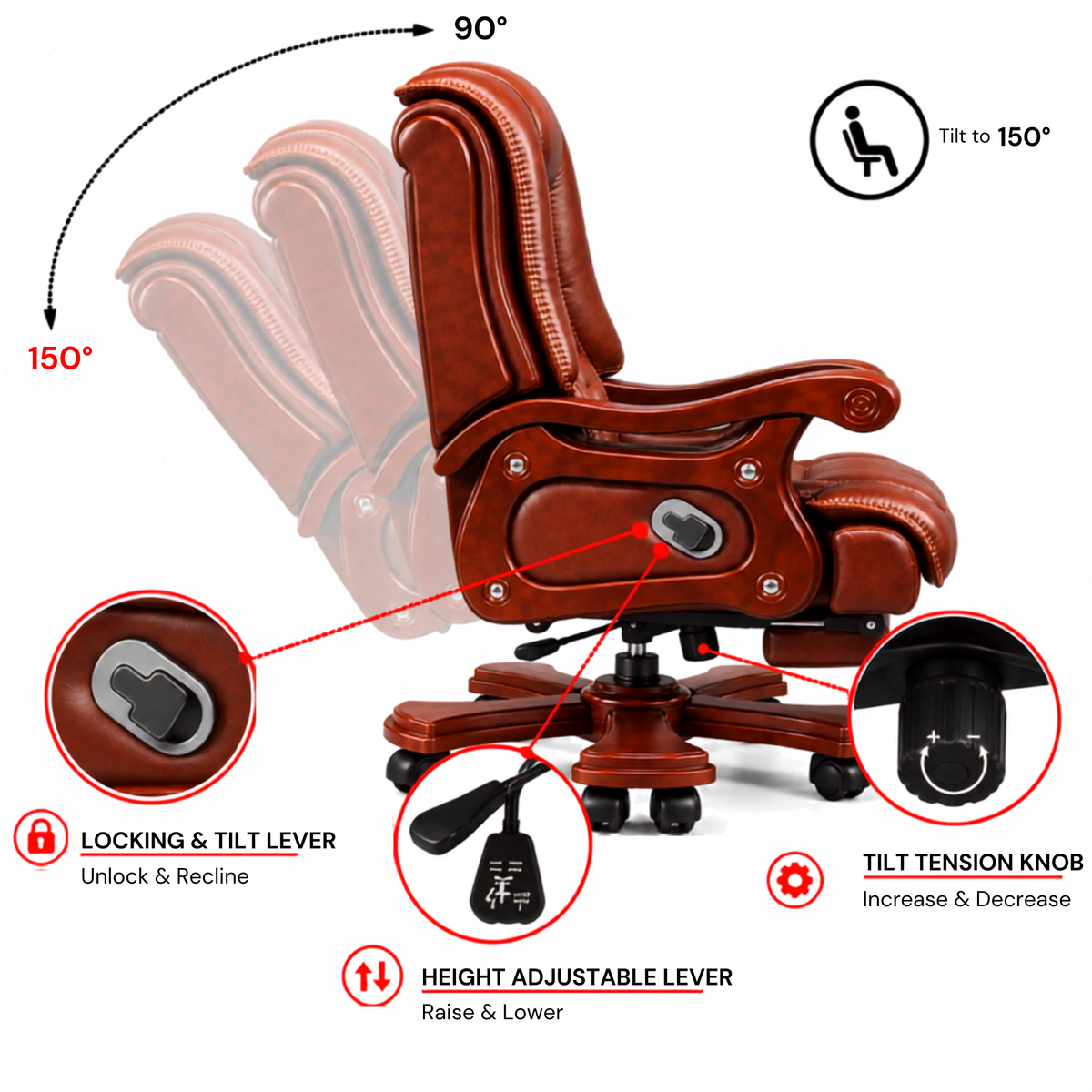 High Back Luxury Office Director Chair Made in Plyboard with Leatherette and High Density Foam & Recliner Feature and Double Wheel with wooden Polish