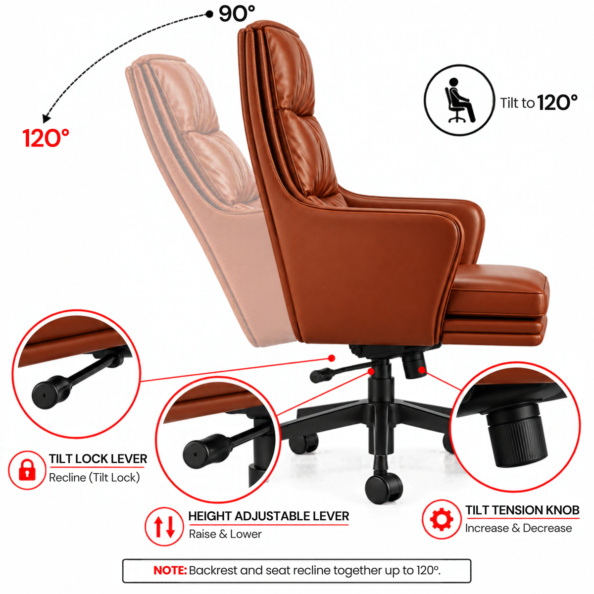 Premium High Back Executive Office Chair with Padded Armrests, Tilt Mechanism, Height Adjustment & Smooth Mobility for Home and Office