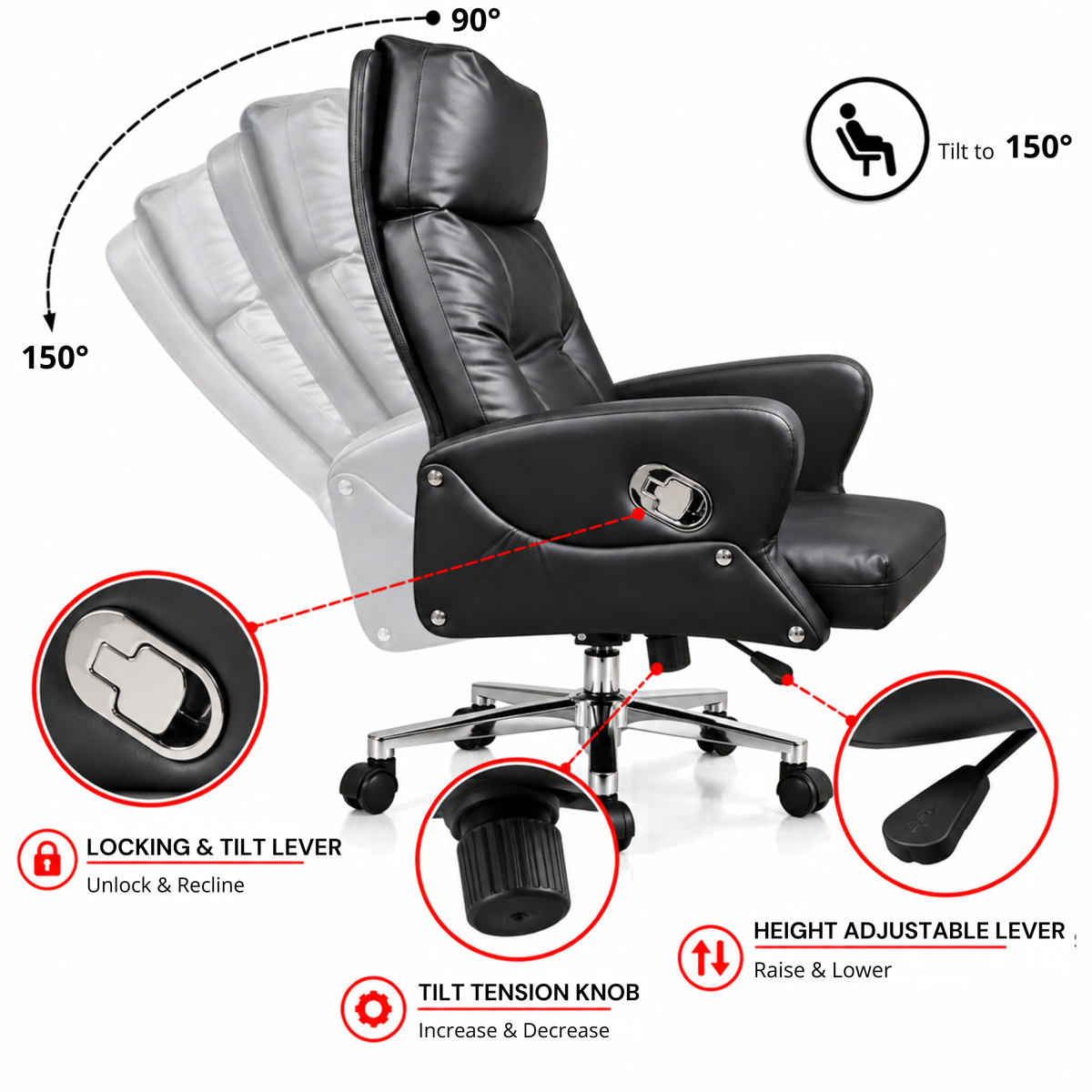 Director and Executive Chair High Back Faux Leather, Comfortable Seat Swivel Chair Revolving and Recliner Chair
