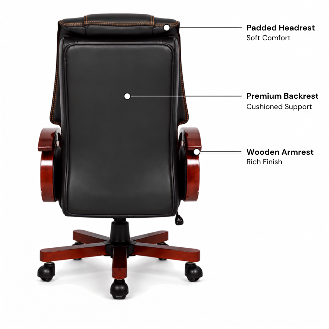 High Back Leatherette and Pure Leather Wooden Director Office Chair with Wooden Base and Handle, Wooden chair