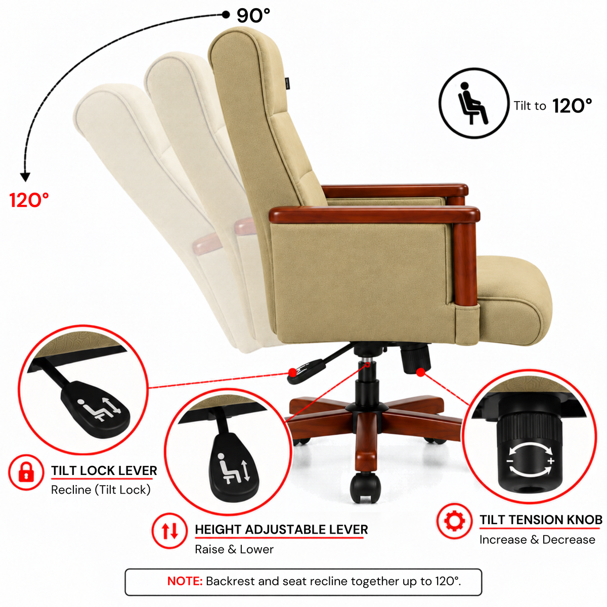 High Back Wooden with Fabric Revolving & Recliner Chair | Director Chair | Office - Cream Color