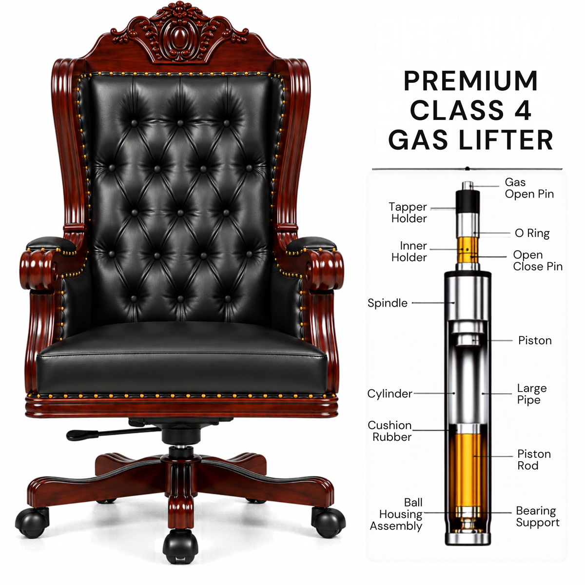 Director Chair Luxury High-Back Leatherette Office Chair with Adjustable Height, Fixed Armrests, Wooden Base, Premium Handcrafted Swivel Tilt Chair