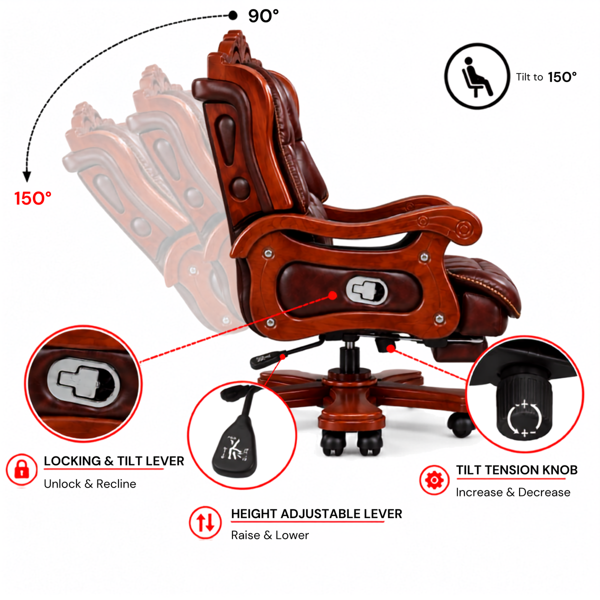 Luxury Office Director Chair Made in Teak wood with Leatherette and Soft Padded - Armrest and Swivel Base and Polish, 150° Reclining Office Seat -Brown