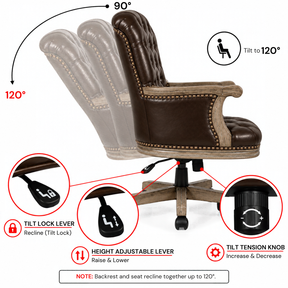 Director office Chair Tufted Design Made in Solid wood with Leatherette Upholstery & Armrest with Height Adjustable Premium Quality Chair