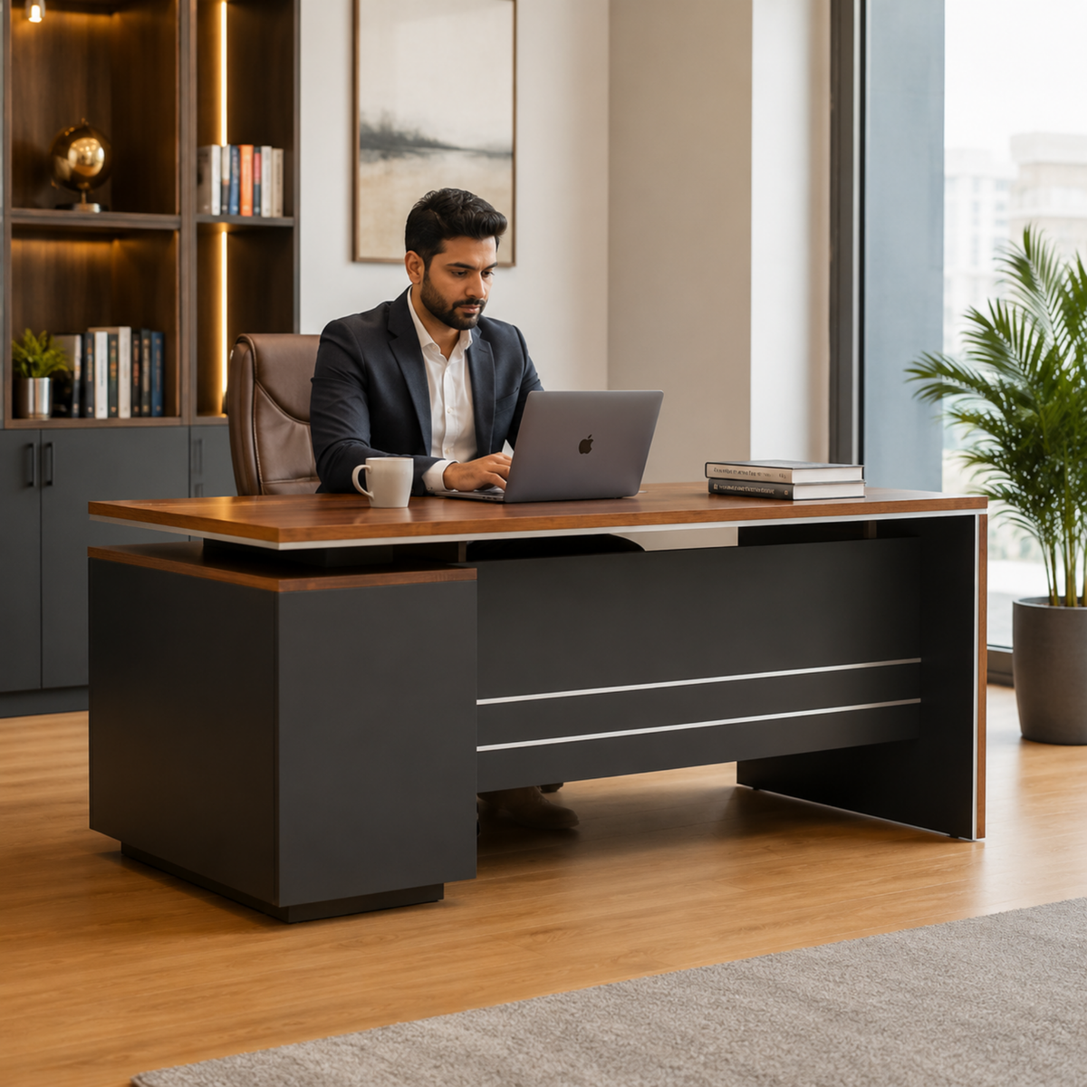 Director & Executive L-Shape Office Table Luxury with Side Runner, Drawer and Storage - Wire Manager - Brown