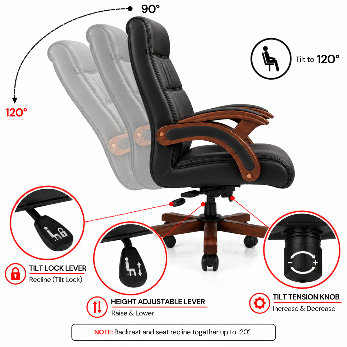 Director Chair for office Made in Plyboard with Leatherette Upholstery & Armrest with Height Adjustable & Revolving Chair -black