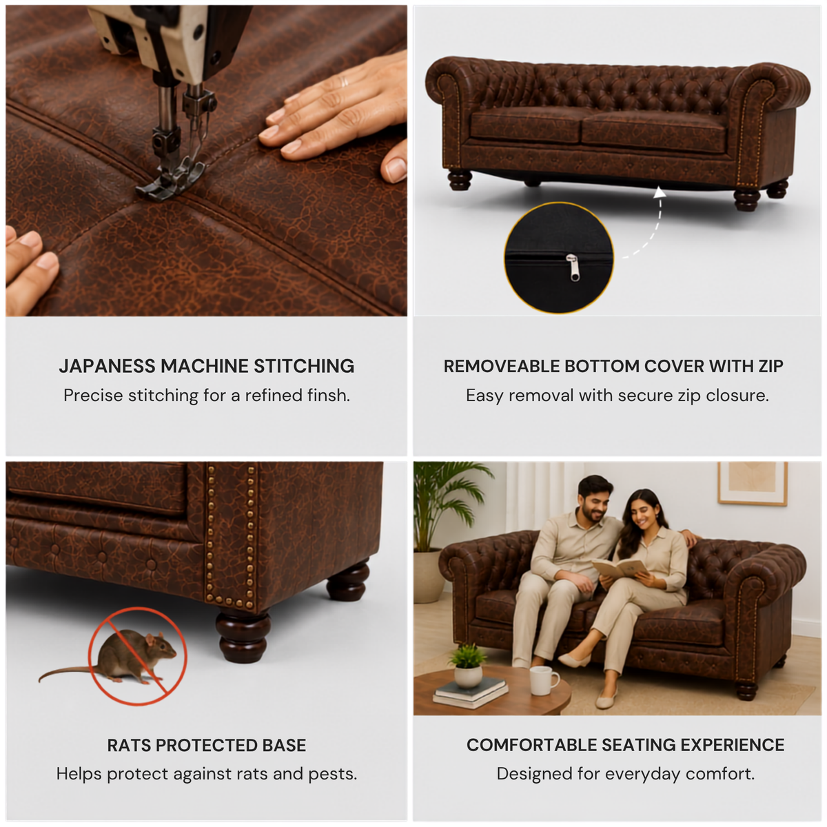 3 Seater chesterfield sofa Modern Design and Leatherette fabric Durable & Comfortable Padded Perfect for living Room -Brown