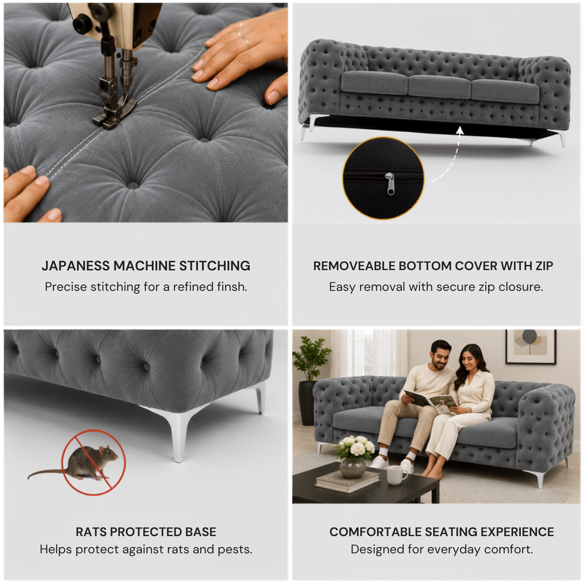 Premium Chesterfield 3 Seater Sofa with Deep Diamond Button Tufting, Curved Arms, Plush Cushioned Seats & Sleek Metal Legs