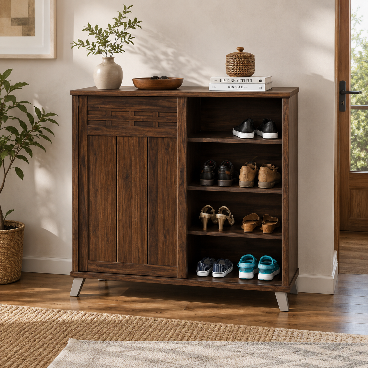 Modern Wooden Shoe Storage Cabinet with Single Door, Open Multi-Shelf Organiser for Entryway, Hallway, Bedroom and Living Room