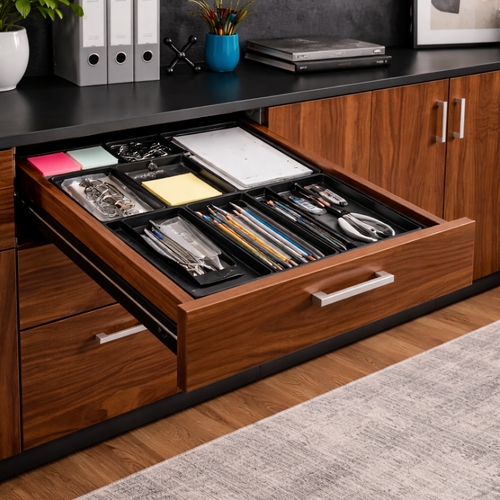 कार्यालयों के लिए लकड़ी के डायरेक्टर टेबल बैक यूनिट बड़े आकार की फाइल कैबिनेट