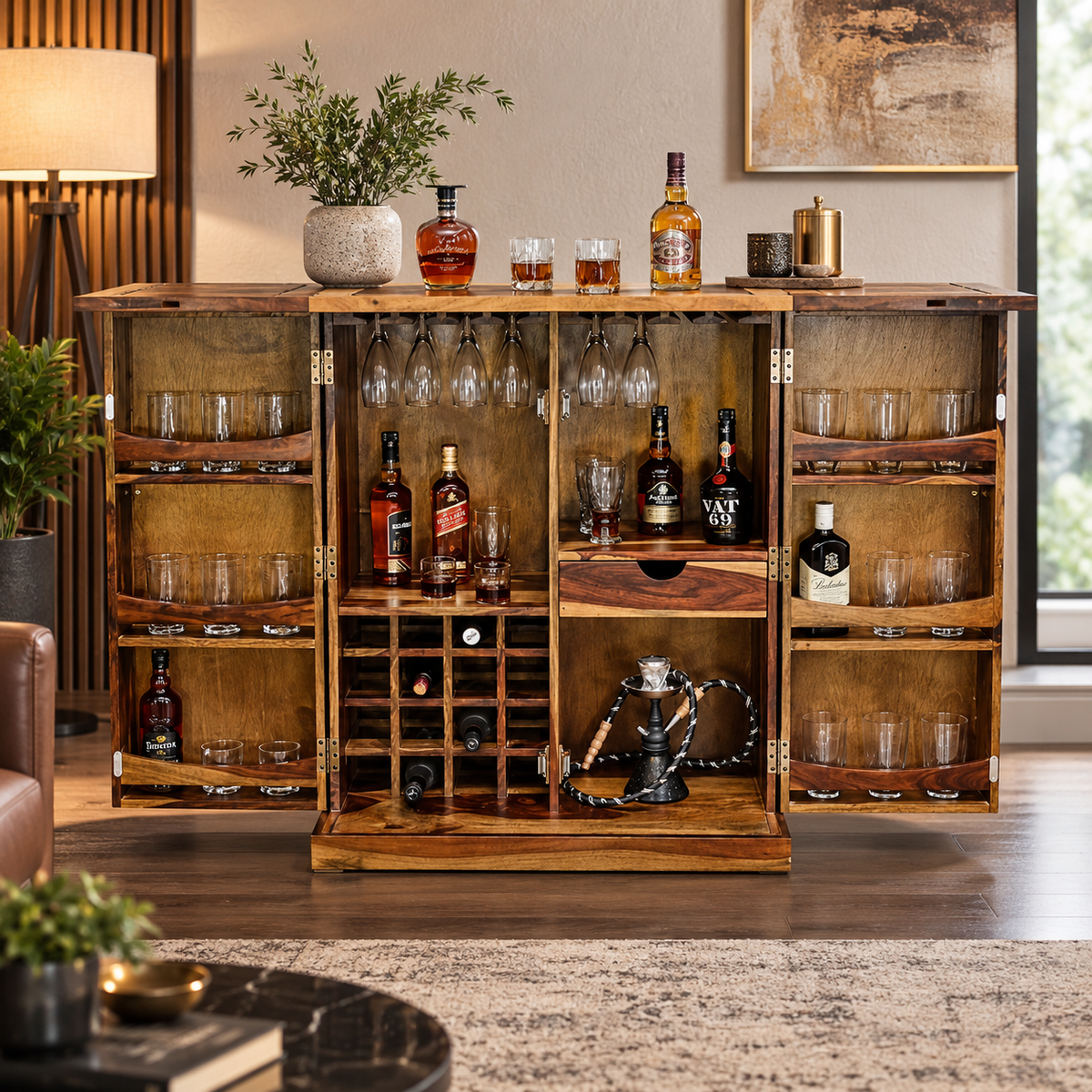 Natural Honey Wooden Foldable Bar Cabinet Unit with Glassware Shelves Stemware Holders and Wine Bottle Rack