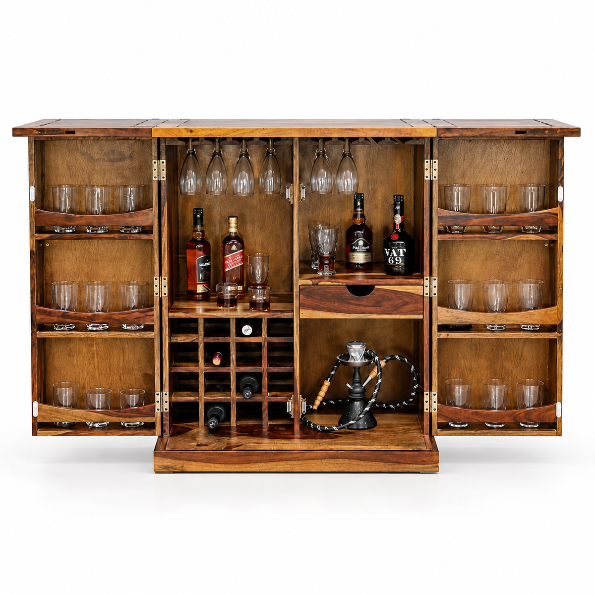 Natural Honey Wooden Foldable Bar Cabinet Unit with Glassware Shelves Stemware Holders and Wine Bottle Rack