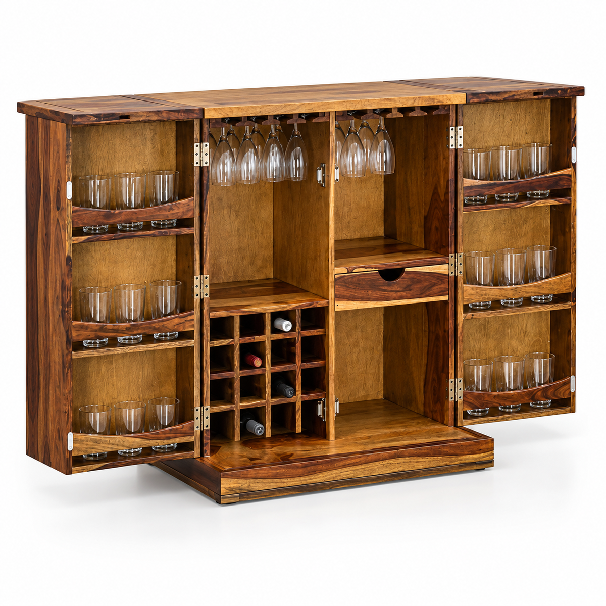 Natural Honey Wooden Foldable Bar Cabinet Unit with Glassware Shelves Stemware Holders and Wine Bottle Rack