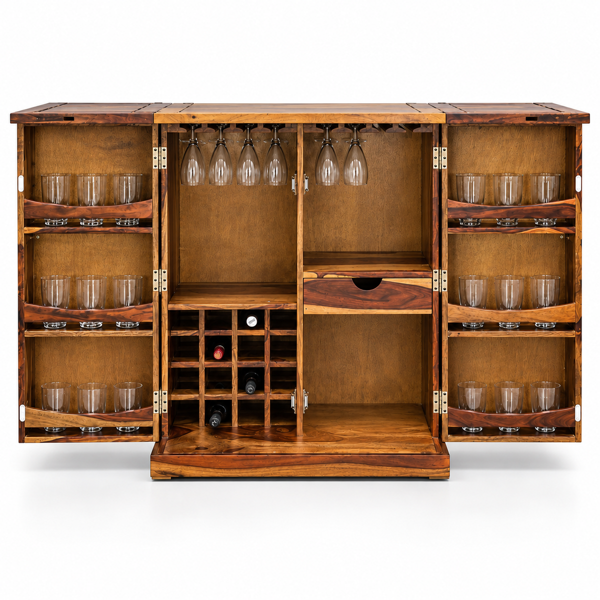 Natural Honey Wooden Foldable Bar Cabinet Unit with Glassware Shelves Stemware Holders and Wine Bottle Rack