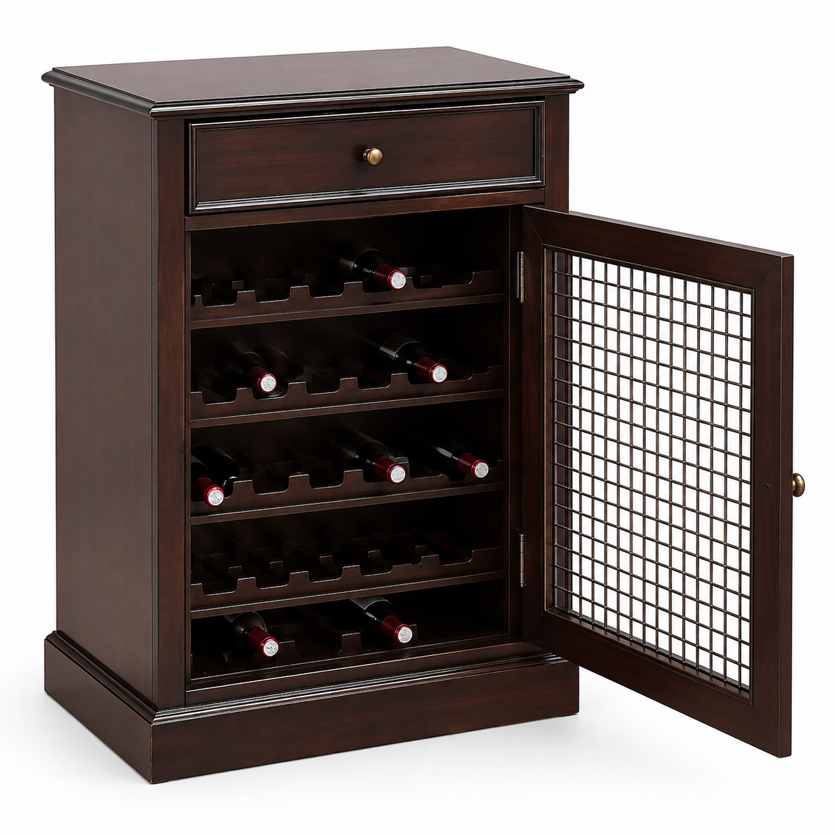 Dark Brown Wooden Wine Storage Cabinet Unit with Mesh Metal Door and Top Drawer for Home Bar Dining Room