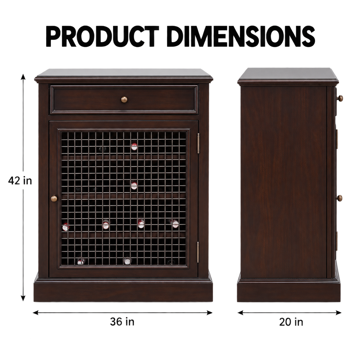 Dark Brown Wooden Wine Storage Cabinet Unit with Mesh Metal Door and Top Drawer for Home Bar Dining Room