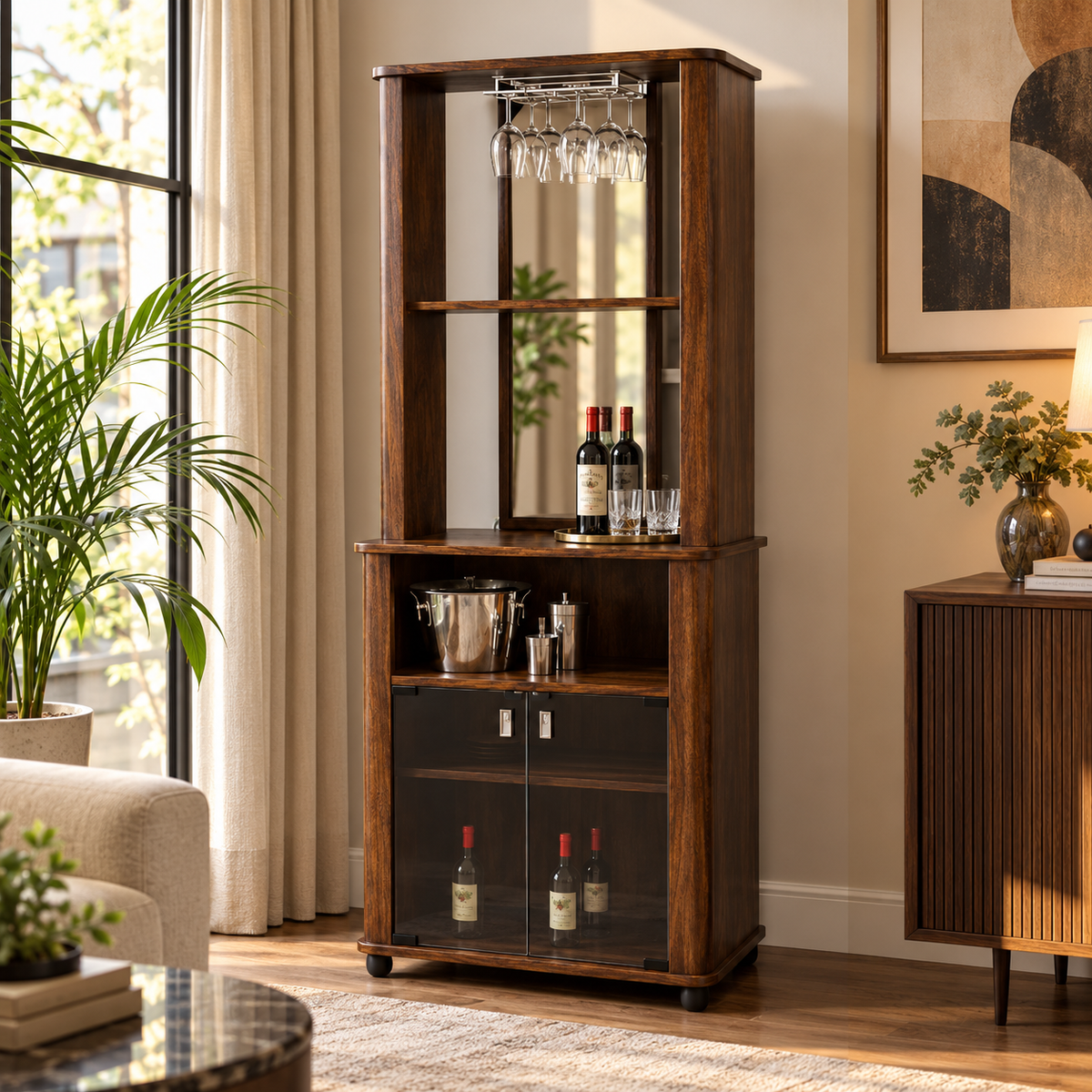 Modern Wooden Bar Cabinet with Wine Glass Rack, Mirror Back, Bottle Storage, Open Shelves and Lockable Lower Cabinet for Home
