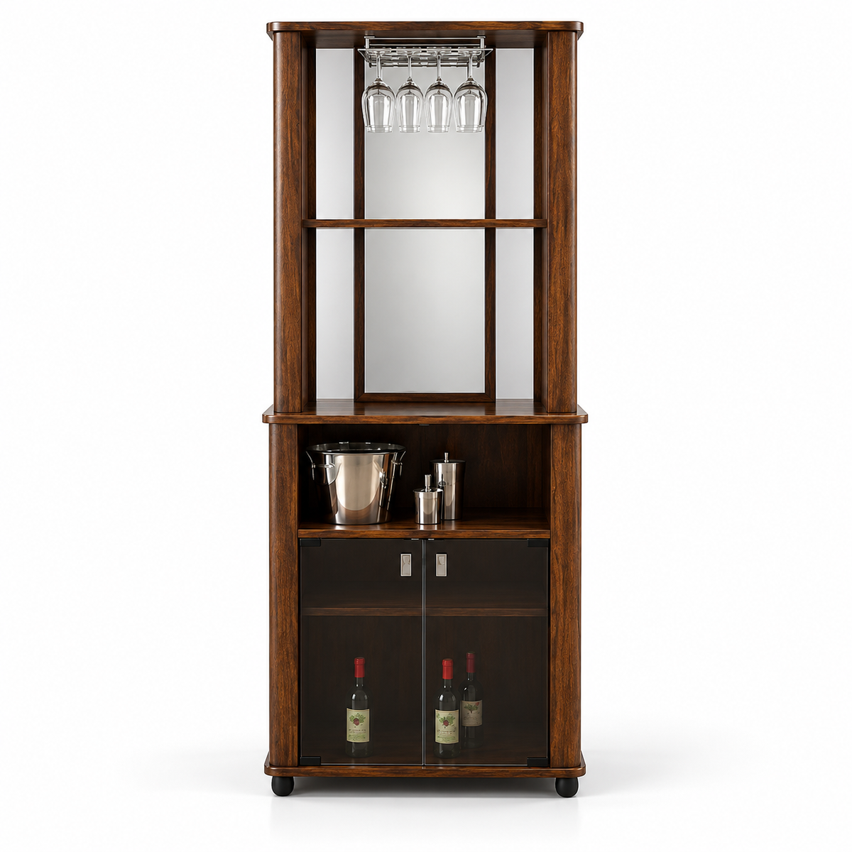 Modern Wooden Bar Cabinet with Wine Glass Rack, Mirror Back, Bottle Storage, Open Shelves and Lockable Lower Cabinet for Home