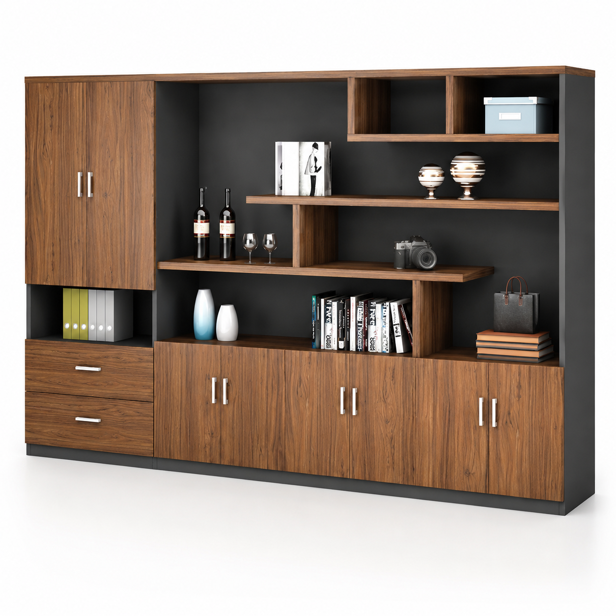 Executive Office Back Unit with Storage Cabinet – Walnut Finish Wall Display Cabinet