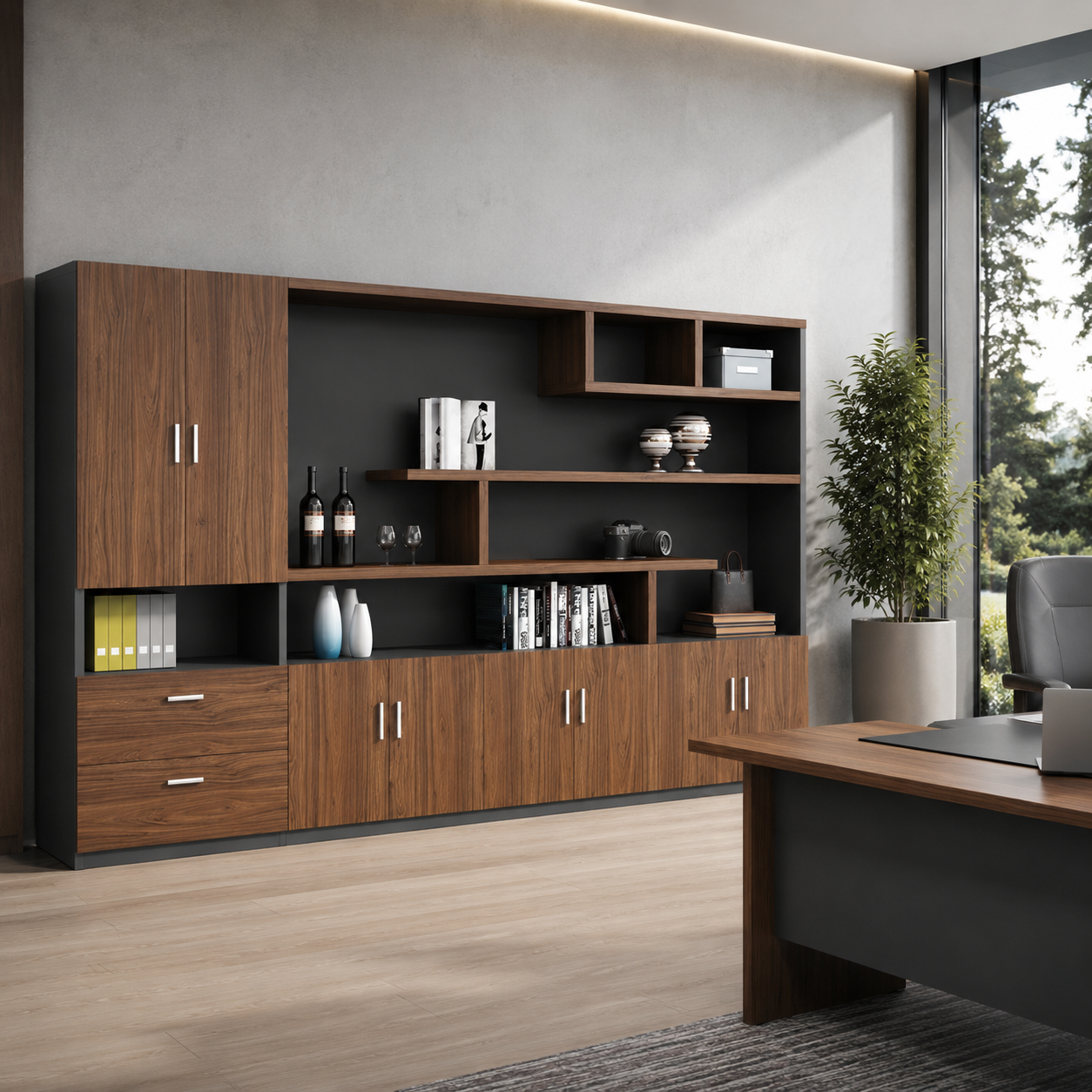Executive Office Back Unit with Storage Cabinet – Walnut Finish Wall Display Cabinet
