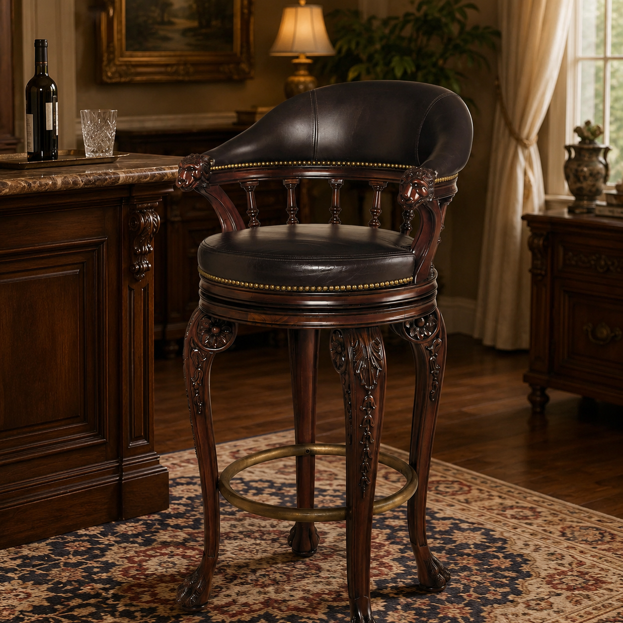 Design Bar Stool Made in Solid wood with PU Leatherette Soft Cushion Backrest and Carving Chair and Perfect for Restaurant &amp; Bar Stool