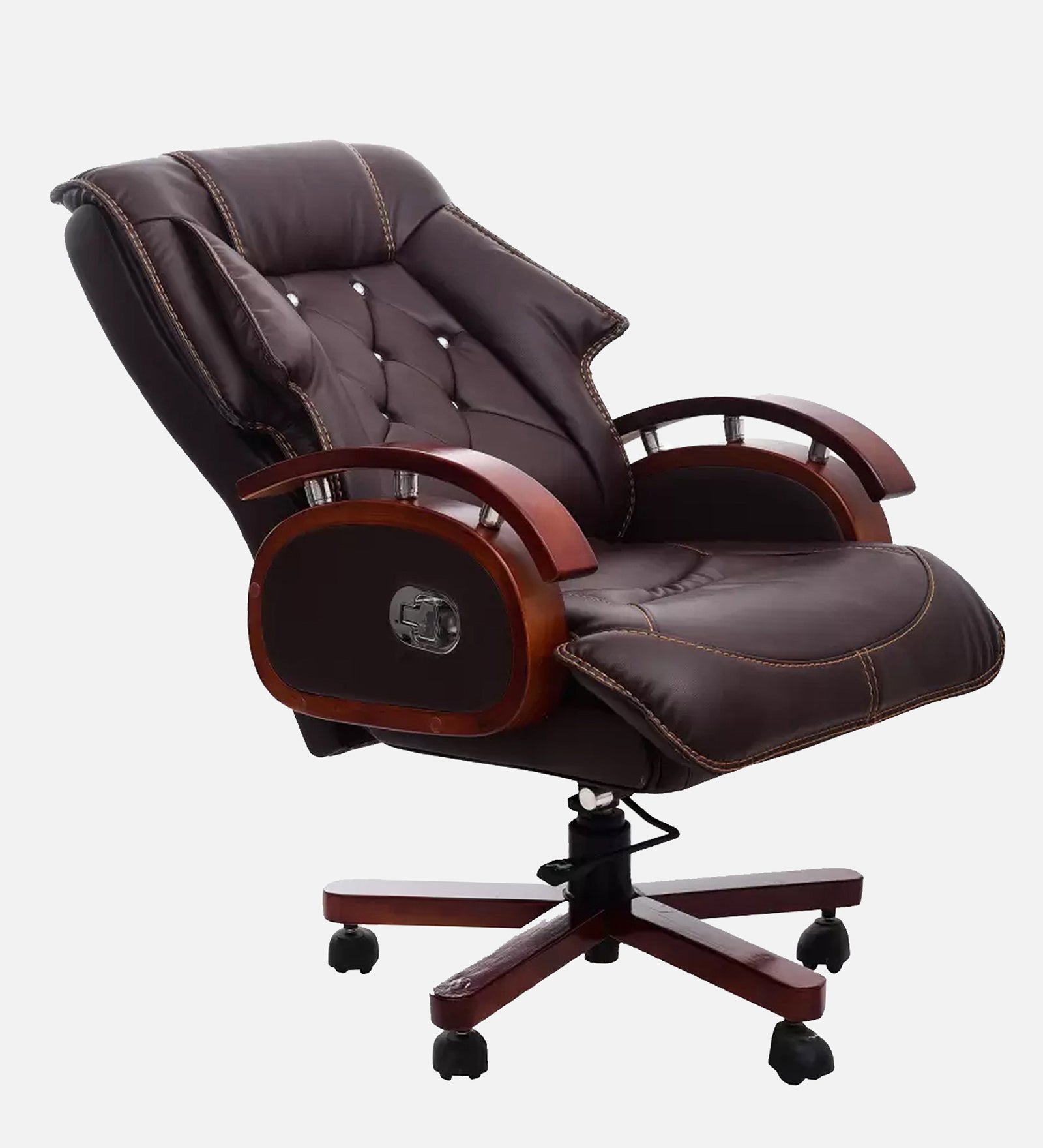 High Back Leatherette and Pure Leather Wooden Director Office Chair with Wooden Base and Handle, Wooden chair