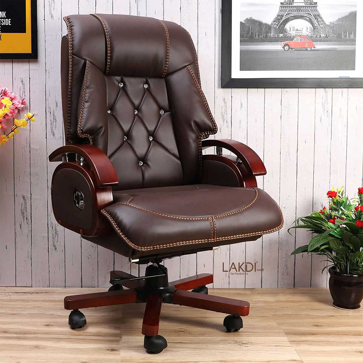 Premium High Back Leatherette Wooden Base & Handle Office Chair for Director & Executive | Revolving Recliner, Soft Heavy Cushion