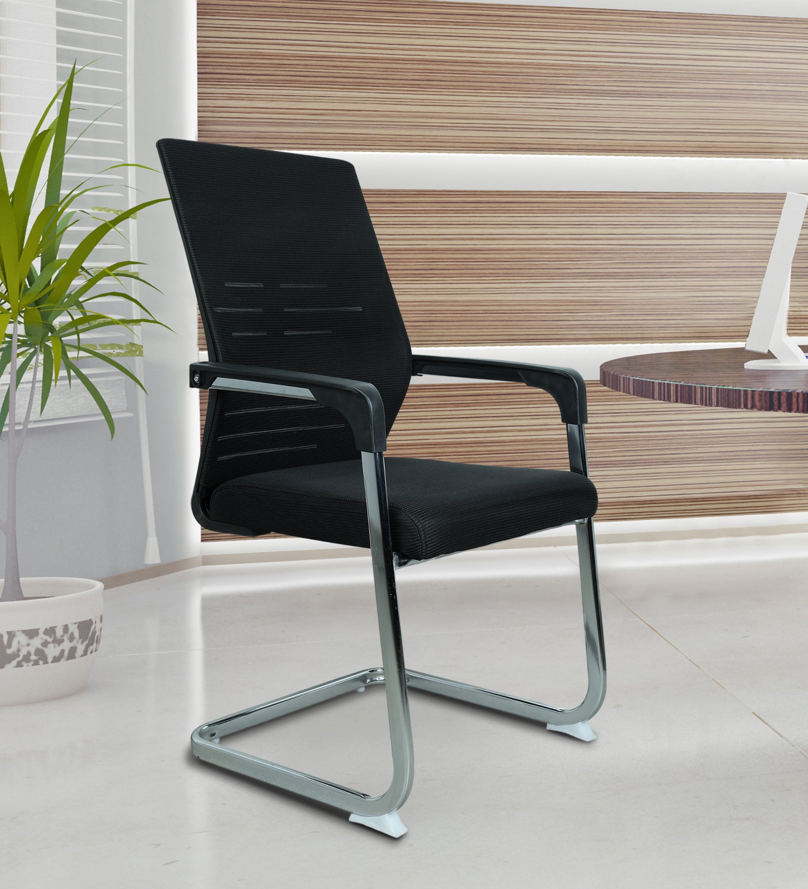 Mesh Visitor Office Chair with Cushion Seat & Metal Sled Base | Ergonomic Waiting Chair with Armrests | Modern Conference & Reception Chair (Black)