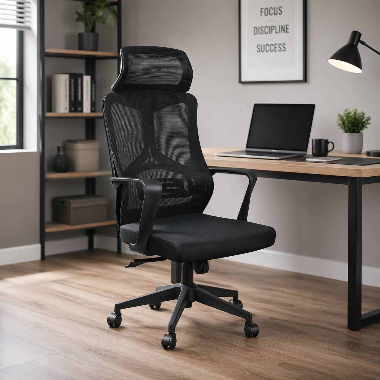 Executive Ergonomic High Back Mesh Office Chair with Headrest, Breathable Mesh Back, Fabric Cushioned Seat, Swivel Base & Tilt Mechanism for Office & Home Use