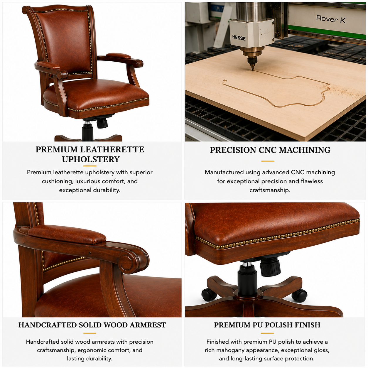 Premium Wooden Director Chair with Leatherette Upholstery, Ergonomic High Back, Handcrafted Solid Wood Frame, with Smooth Castor Wheels