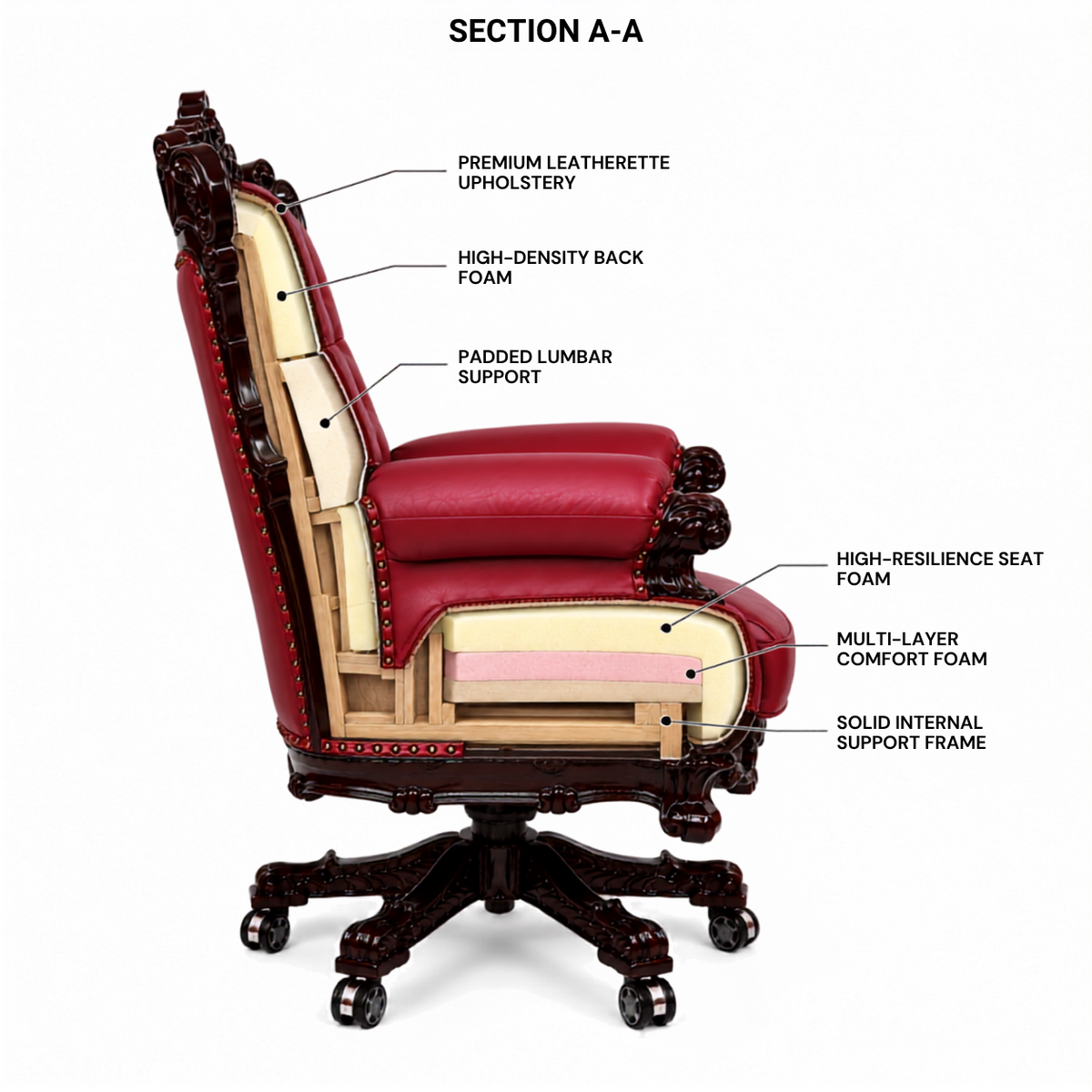Design Hand Carved Teak Wood Adjustable Height 360D Swivel Button Tufted Office Armrest Chair