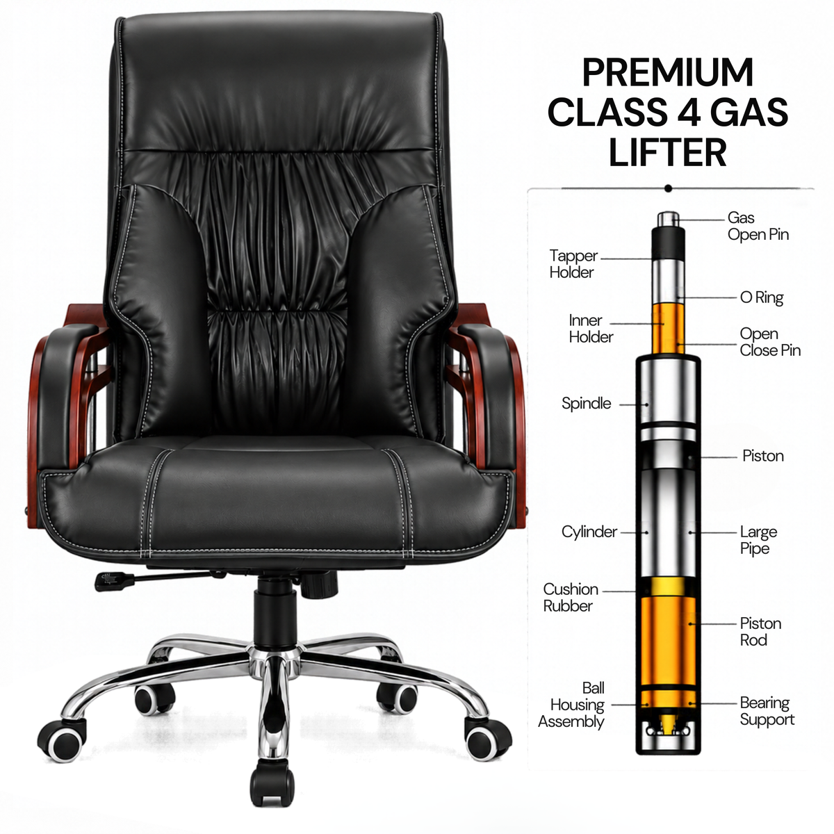 Luxury Boss Chair with High Back Leatherette Design and Stylish Chrome Base and Wooden Handle
