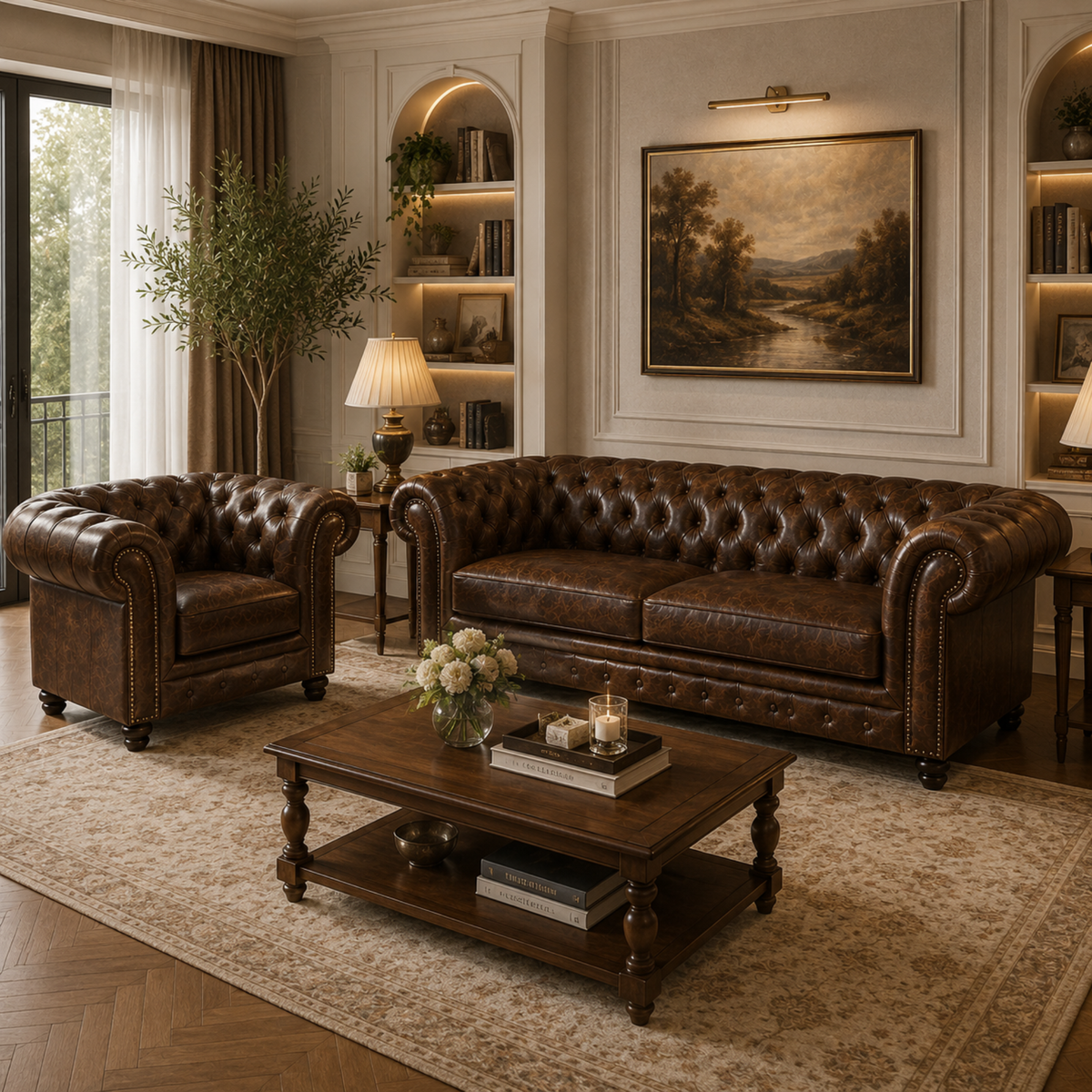 3 Seater chesterfield sofa Modern Design and Leatherette fabric Durable & Comfortable Padded Perfect for living Room -Brown
