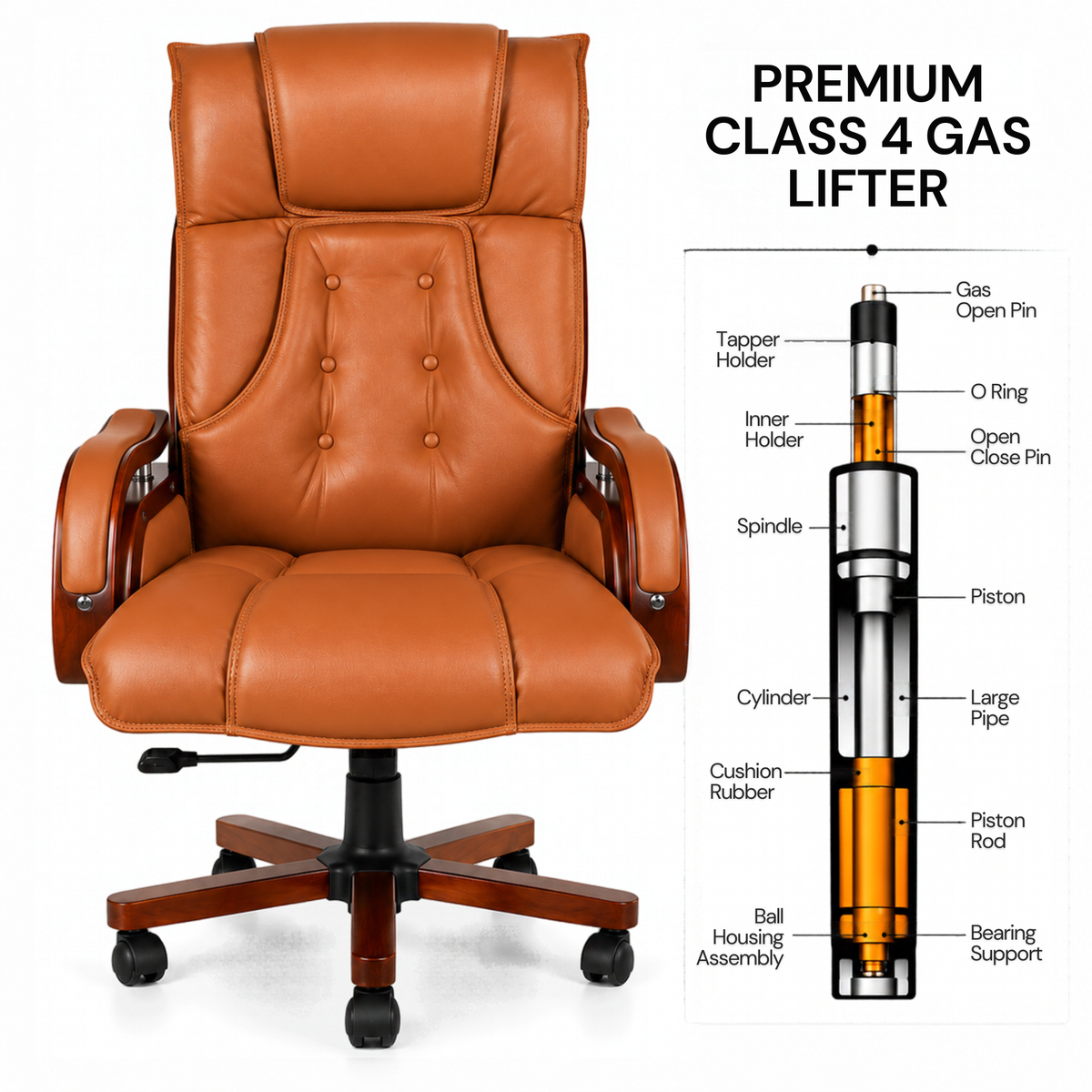 High Back Executive Chair for Office | Leatherette Upholstery with Wooden Base & Handle | Revolving Director Chair with Cushioned Seat & Headrest | Boss Chair Brown