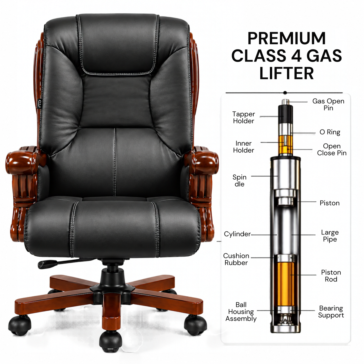 High Back Director Chair for office Luxury Design Made in Plyboard with Leatherette Upholstery & Armrests & Height Adjustable