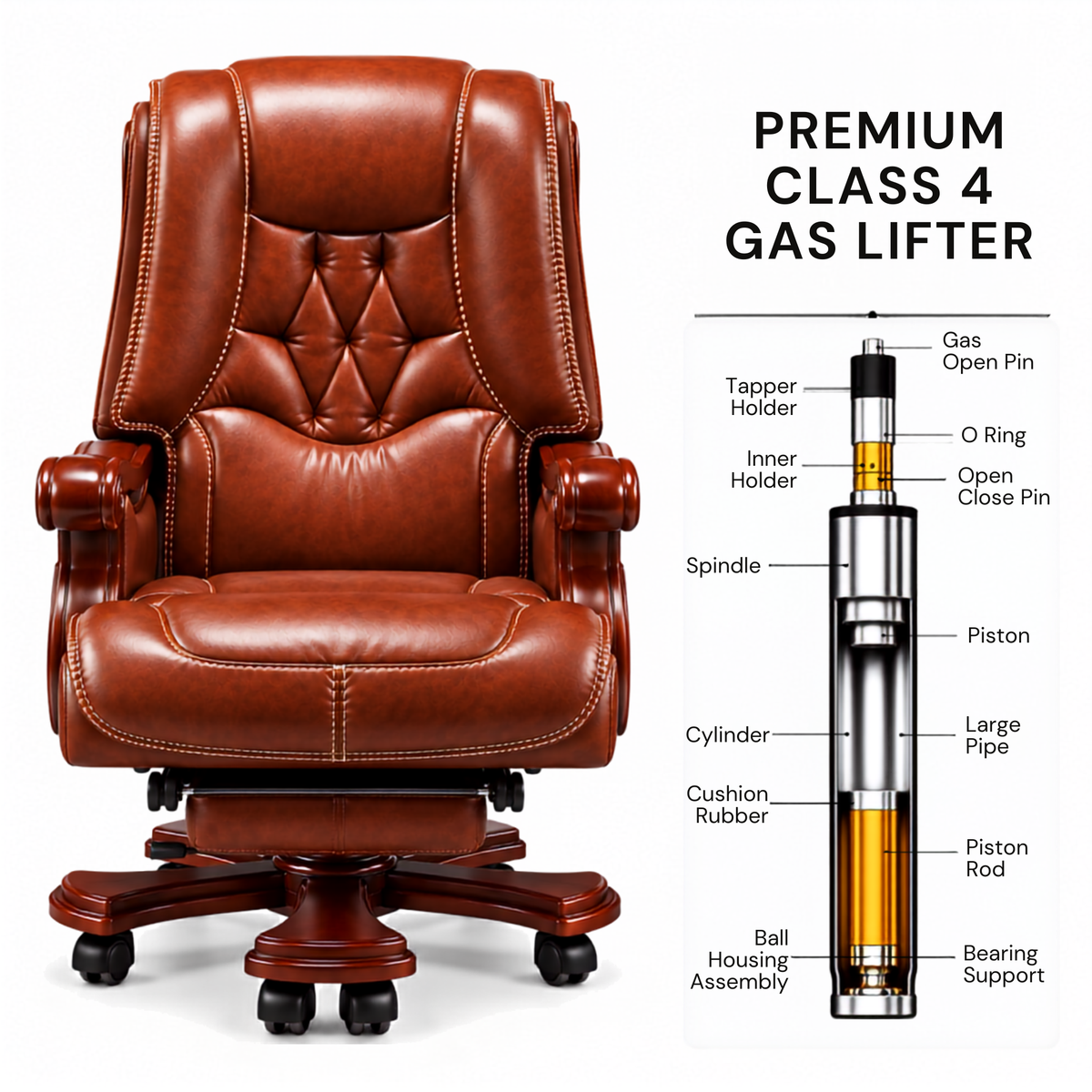 High Back Luxury Office Director Chair Made in Plyboard with Leatherette and High Density Foam & Recliner Feature and Double Wheel with wooden Polish