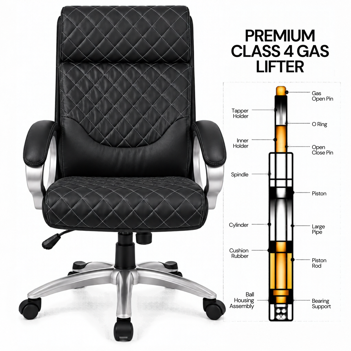 Luxury Executive Office Chair with Diamond Quilted High Backrest, Padded Headrest, Cushioned Armrests, Adjustable Height & Chrome Swivel Base