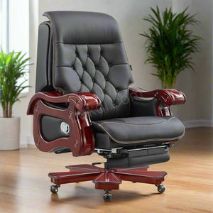 High Back Director Chair for office Made in Solid wood with Leatherette Upholstery & Recliner and Foot rest with Wheelbase & Revolving Chair