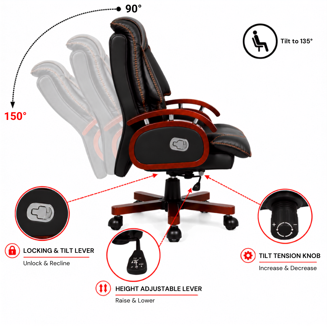 High Back Leatherette and Pure Leather Wooden Director Office Chair with Wooden Base and Handle, Wooden chair