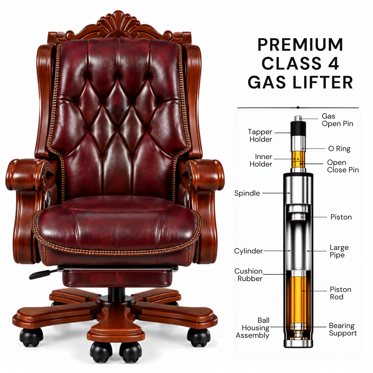Luxury Office Director Chair Made in Teak wood with Leatherette and Soft Padded - Armrest and Swivel Base and Polish, 150° Reclining Office Seat -Brown