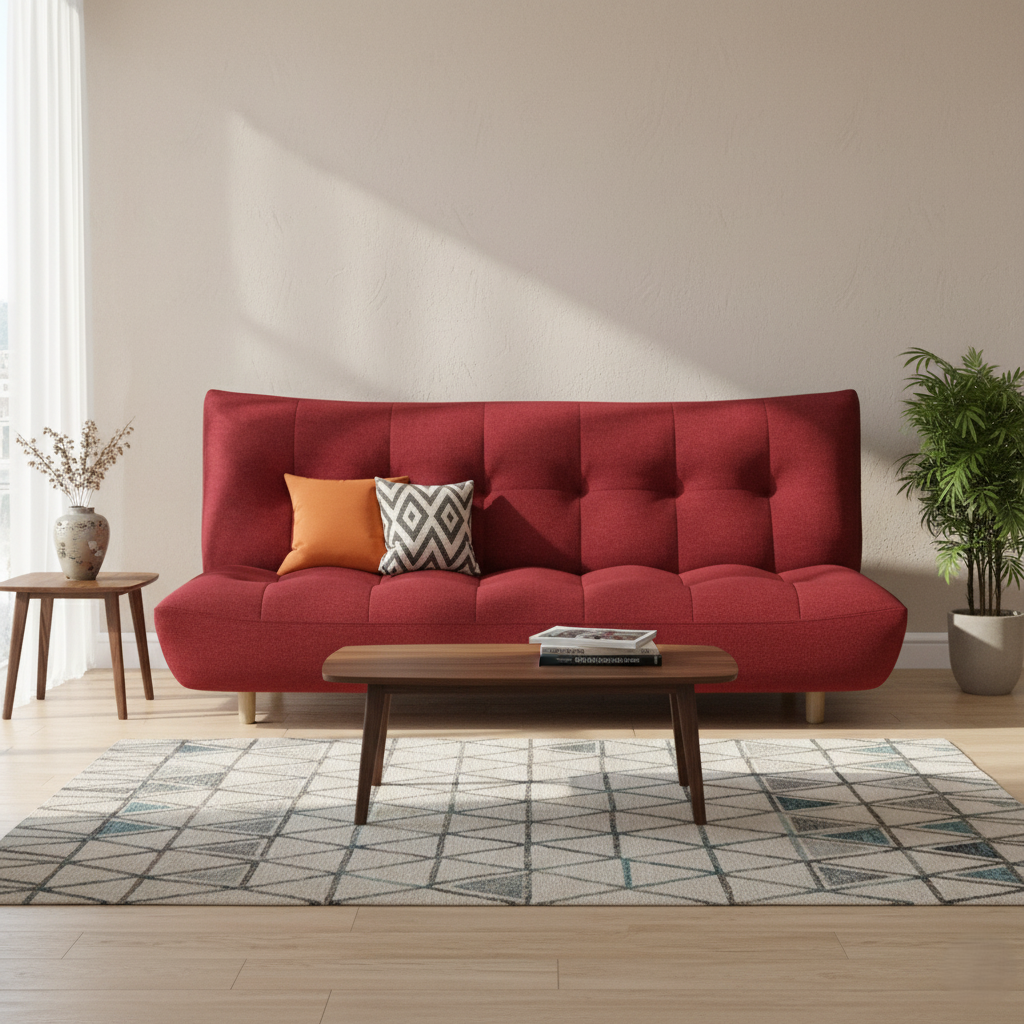 आधुनिक 3-सीटर साबर फैब्रिक टफ्टेड सोफा कम बेड, पॉलिश किए हुए लकड़ी के पैरों के साथ जगह बचाने वाला परिवर्तनीय डिज़ाइन, बिना आर्मरेस्ट के